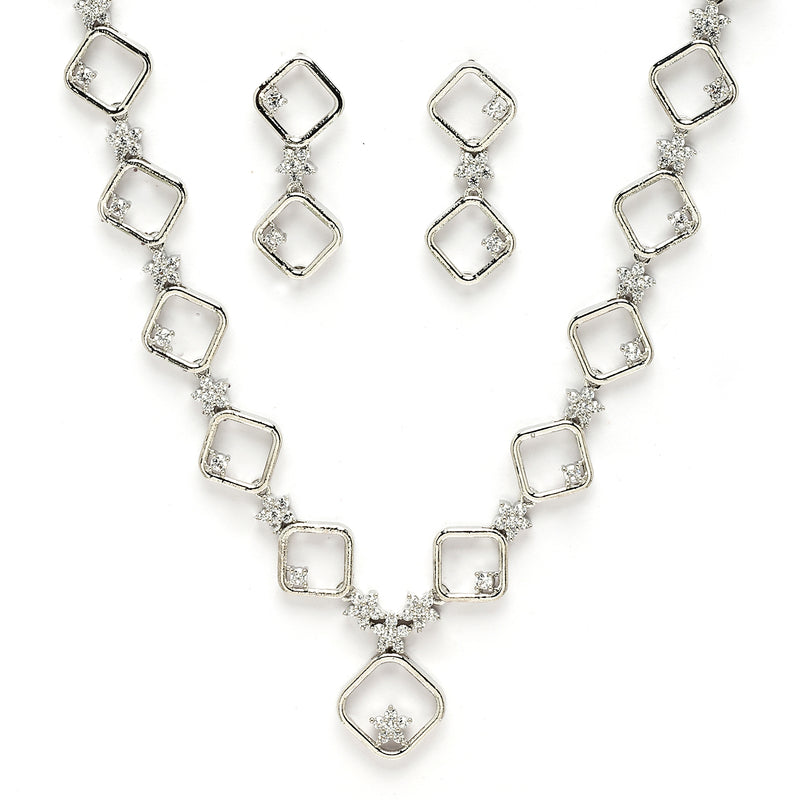 Rhodium Plated with Square Star Design & White American Diamond Stone Studded Jewellery Set