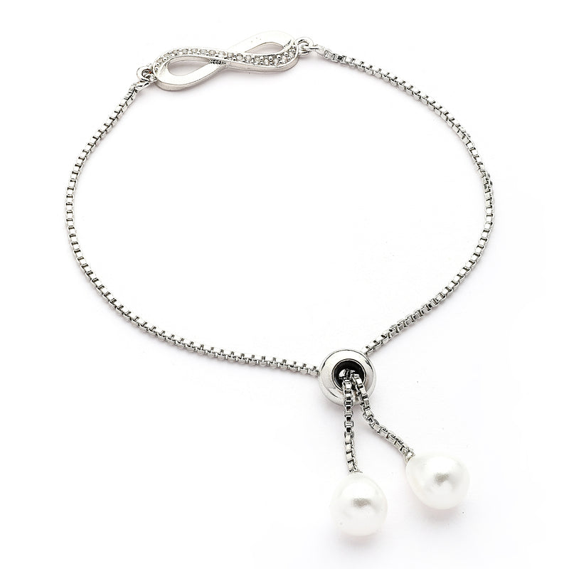 Rhodium Plated Silver Toned Infinity Shaped White Cubic Zirconia Studded Adjustable Bracelet
