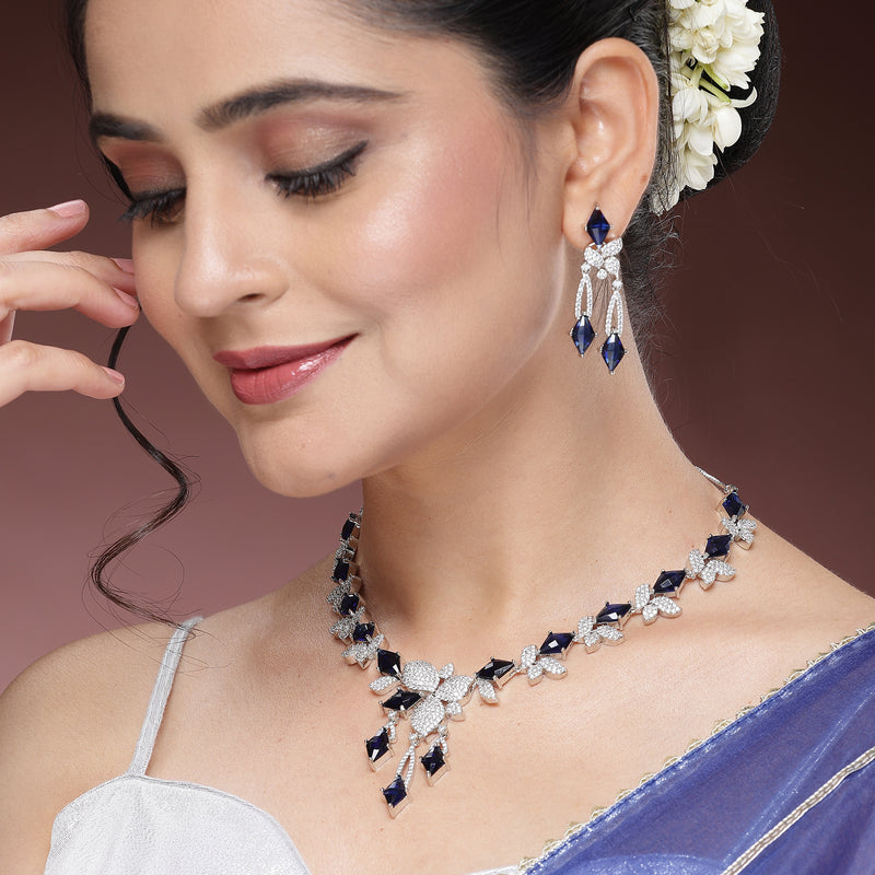 Rhodium Plated Silver Toned Blue American Diamond Studded Necklace Set