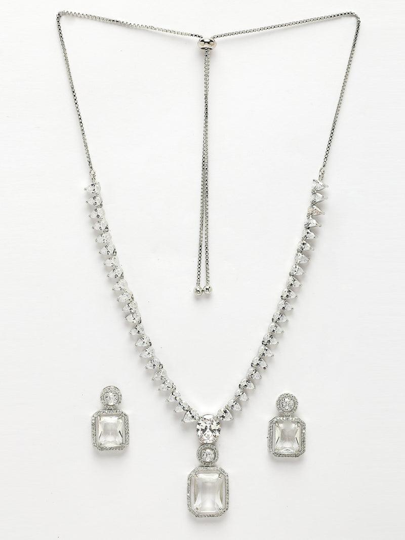 Rhodium Plated with Unique Design Necklace & White American Diamond Studded Necklace Set