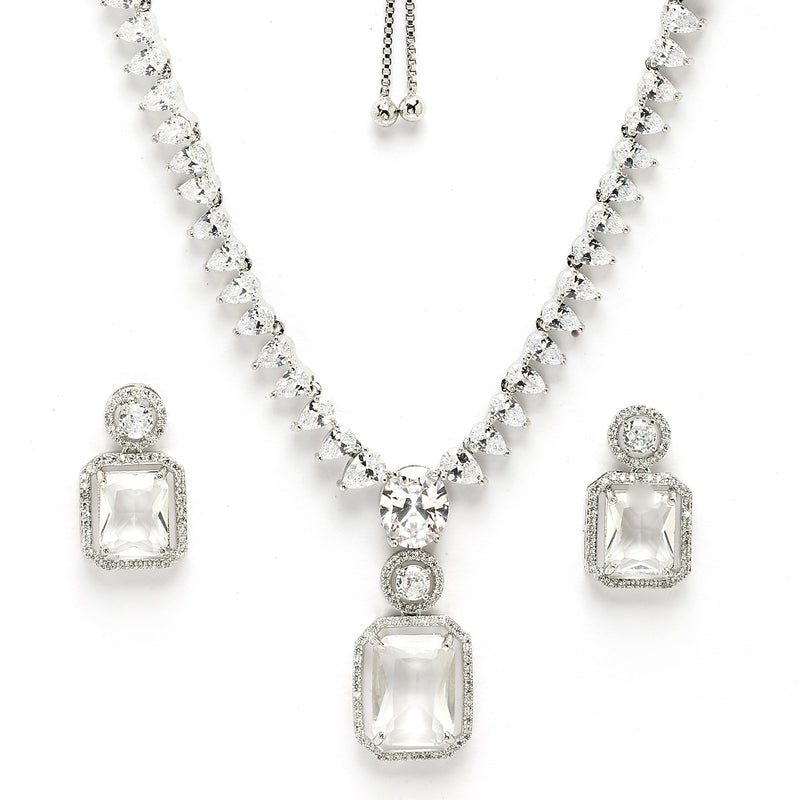 Rhodium Plated Silver Toned Crystal White American Diamond Studded Necklace Set