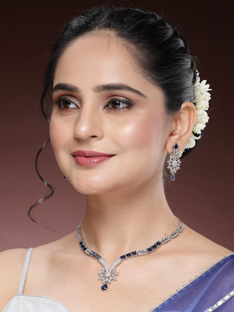 Rhodium Plated Silver Toned  Blue American Diamond Studded Jewellery Set