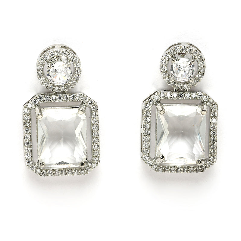 Rhodium Plated Silver Toned Crystal White American Diamond Studded Necklace Set