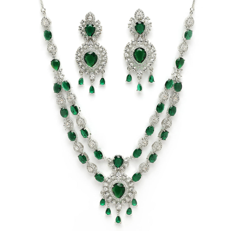 Rhodium Plated Silver Toned Emerald Green American Diamond Stone Studded Jewellery Set