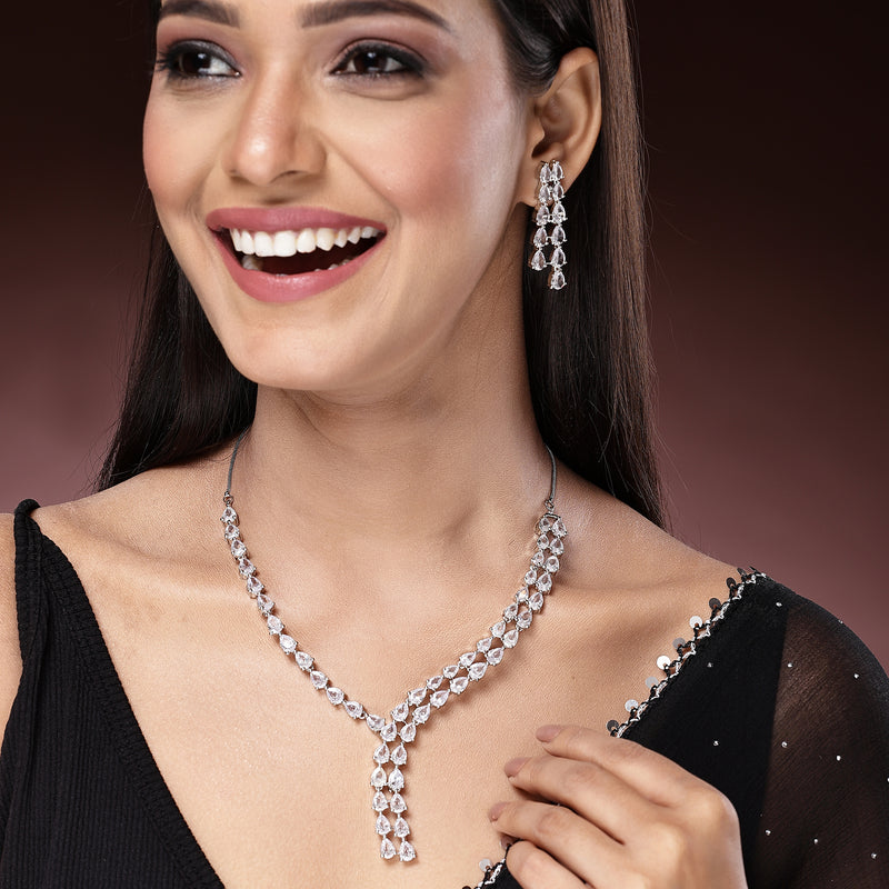 Rhodium Plated Silver Toned Sparkle White American Diamond Stone Studded Jewellery Set