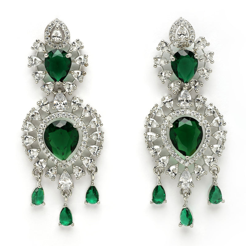 Rhodium Plated Silver Toned Emerald Green American Diamond Stone Studded Jewellery Set