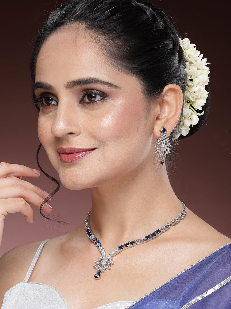Rhodium Plated Silver Toned  Blue American Diamond Studded Jewellery Set