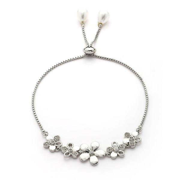 Rhodium Plated Silver Toned Floral Shaped White Cubic Zirconia Studded Adjustable Bracelet