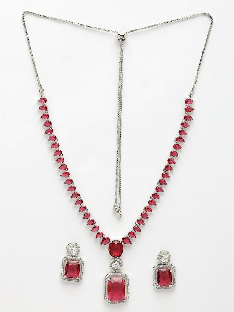 Rhodium Plated with Unique Design Necklace & Red American Diamond Studded Necklace Set