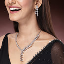 Rhodium Plated Silver Toned Sparkle White American Diamond Stone Studded Jewellery Set