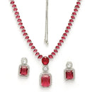 Rhodium Plated Silver Toned Ruby Red American Diamond Studded Jewellery Set