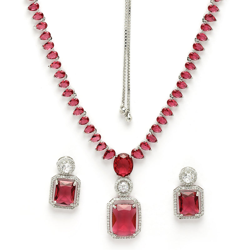 Rhodium Plated Silver Toned Ruby Red American Diamond Studded Jewellery Set