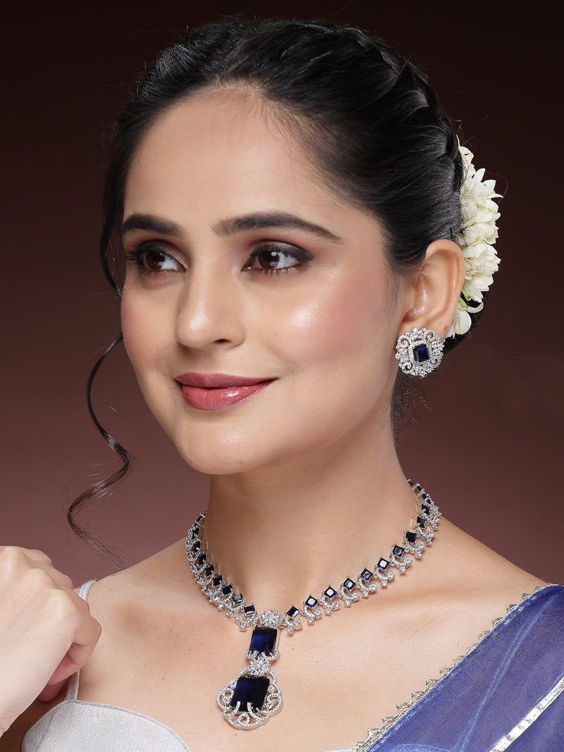 Rhodium Plated with Blue American Diamond Studded Maharani Design Necklace Set