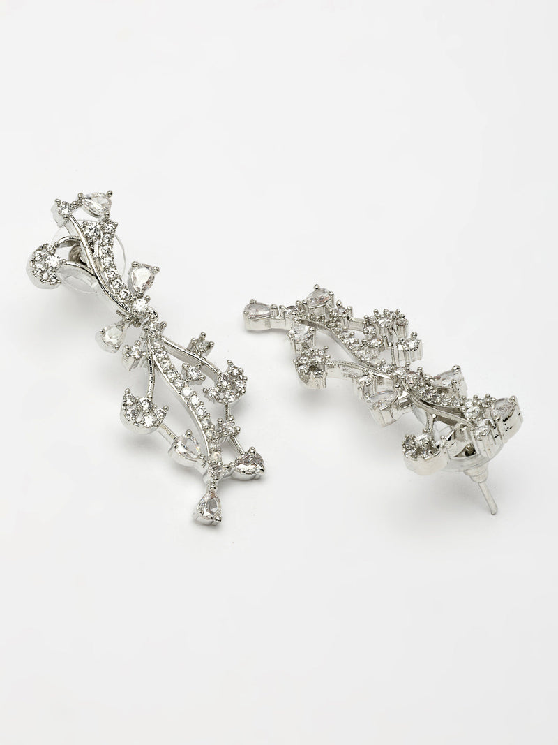 Rhodium Plated & Floral Vine Cascade with White American Diamond  Stone Studded Jewellery set