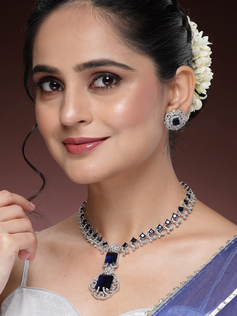 Rhodium Plated with Blue American Diamond Studded Maharani Design Necklace Set