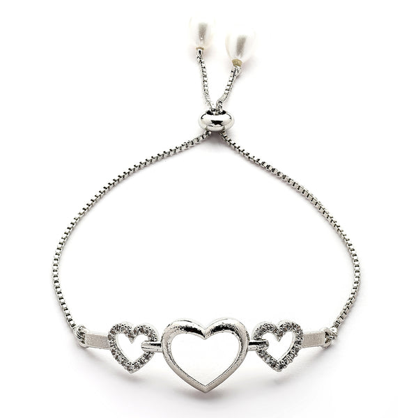 Rhodium Plated Silver Toned Heart Shaped Cubic Zirconia Studded Adjustable Bracelet