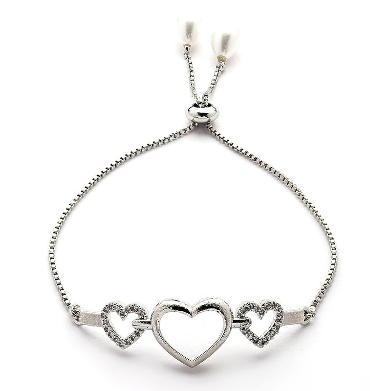 Rhodium Plated Silver Toned Heart Shaped Cubic Zirconia Studded Adjustable Bracelet