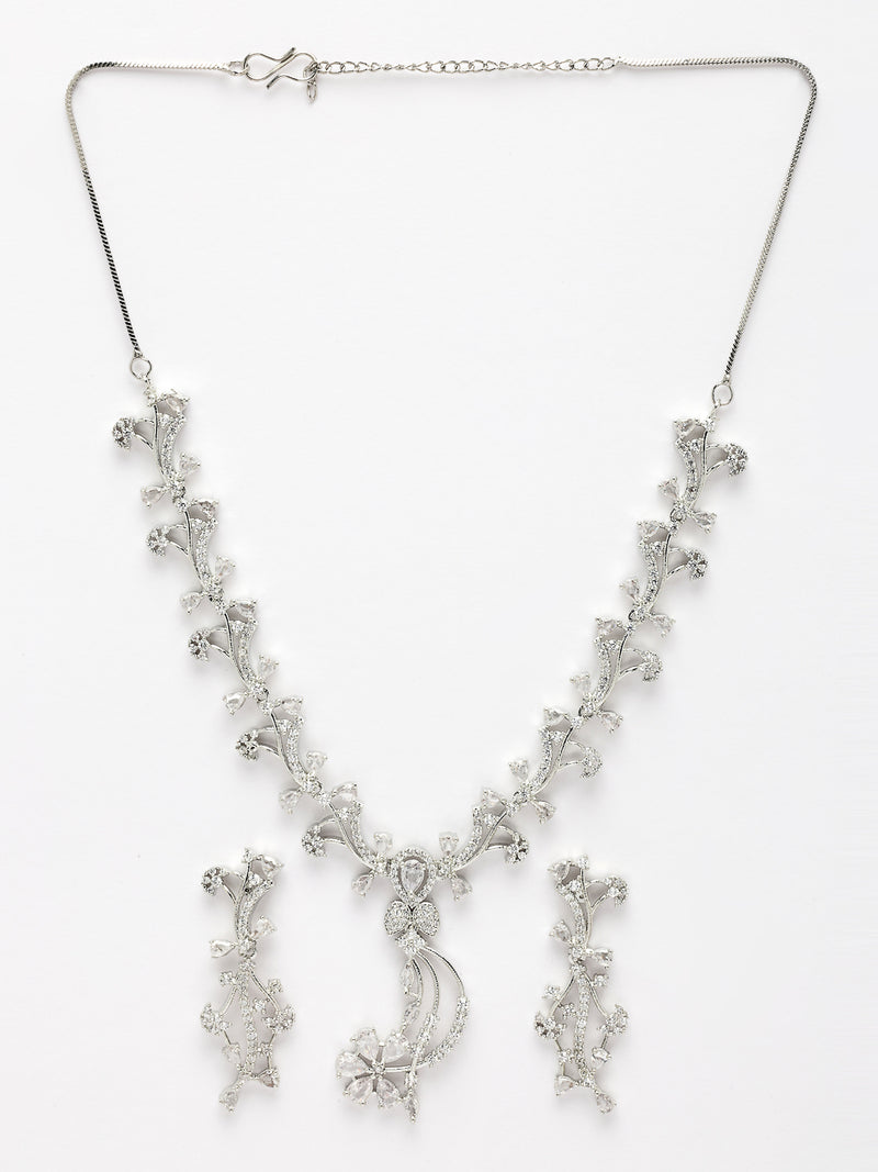 Rhodium Plated & Floral Vine Cascade with White AD Stone Studded Necklace Set