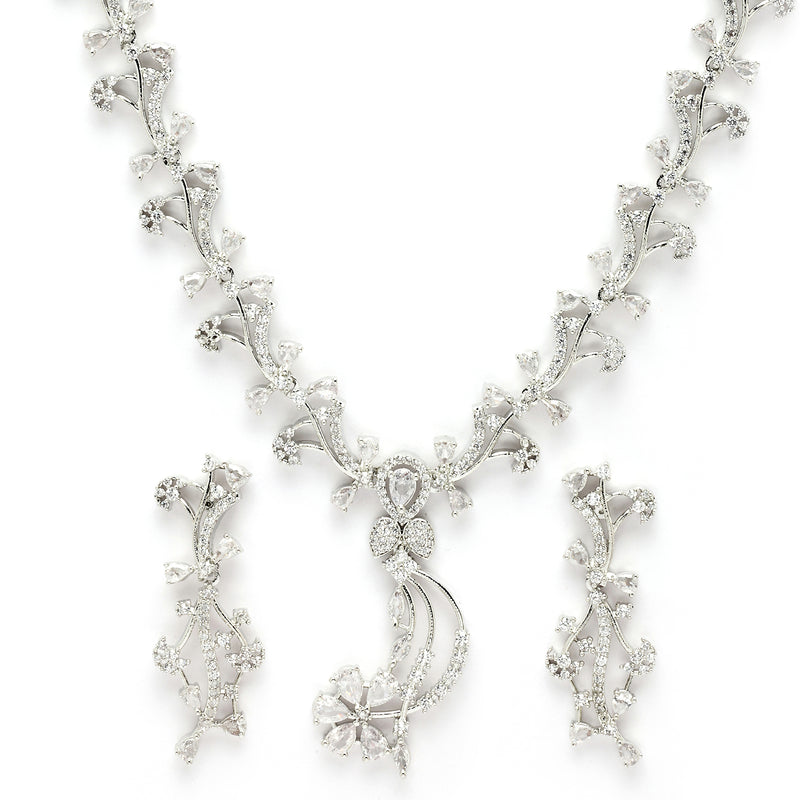 Rhodium Plated & Floral Vine Cascade with White American Diamond  Stone Studded Jewellery set