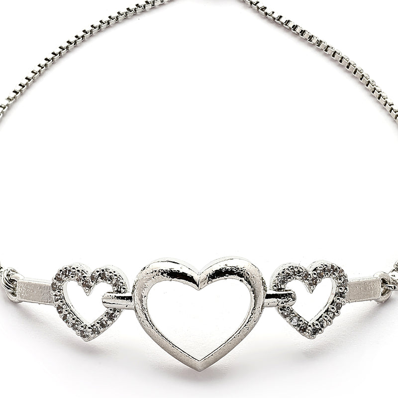 Rhodium Plated Silver Toned Heart Shaped Cubic Zirconia Studded Adjustable Bracelet