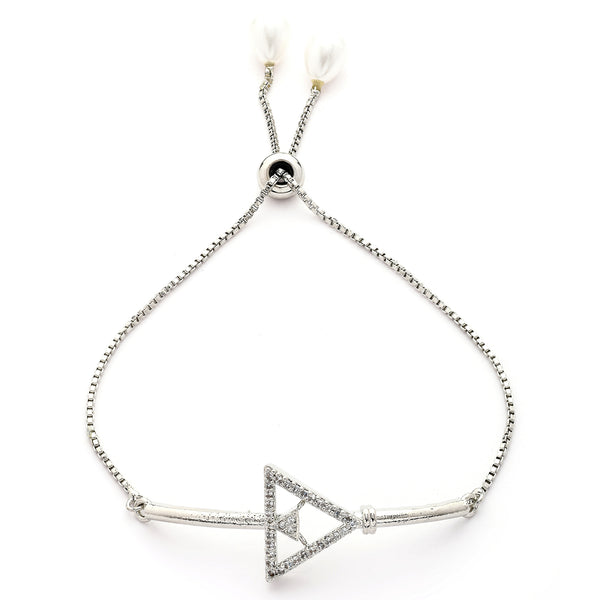 Rhodium Plated Silver Toned White Cubic Zirconia Studded Adjustable Bracelet