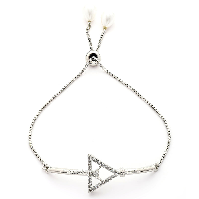 Rhodium Plated Silver Toned White Cubic Zirconia Studded Adjustable Bracelet