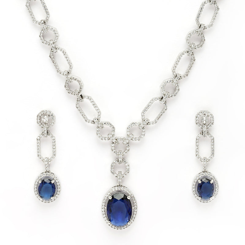 Rhodium Plated Silver Toned Royal Blue American Diamond Studded Jewellery Set