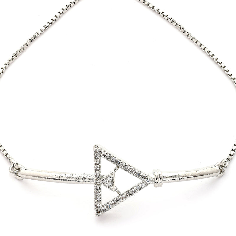 Rhodium Plated Silver Toned White Cubic Zirconia Studded Adjustable Bracelet