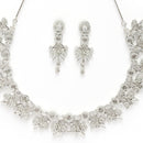 Rhodium Plated Silver Toned with Delicate Floral & White American Diamond Stone Studded Jewellery Set