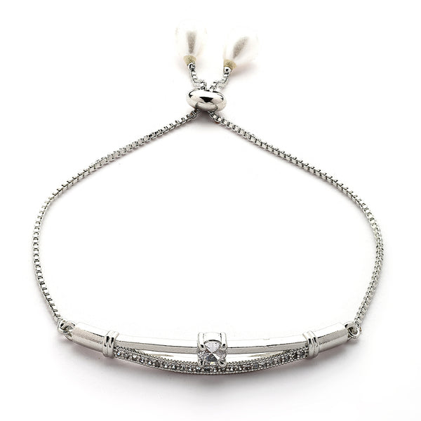Rhodium Plated Silver Toned Cubic Zirconia Studded Adjustable Bracelet