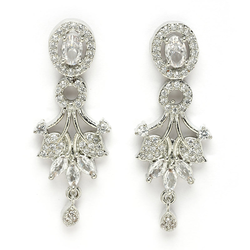 Rhodium Plated Silver Toned with Delicate Floral & White American Diamond Stone Studded Jewellery Set