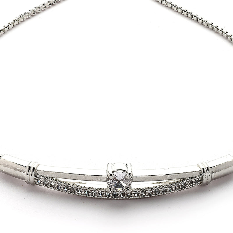 Rhodium Plated Silver Toned Cubic Zirconia Studded Adjustable Bracelet