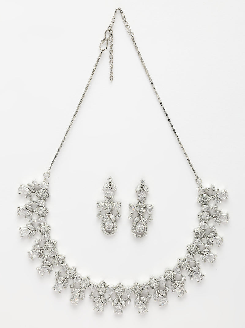 Rhodium Plated with Sukkhi Symmetrical Design & White AD Stone Studded Necklace Set