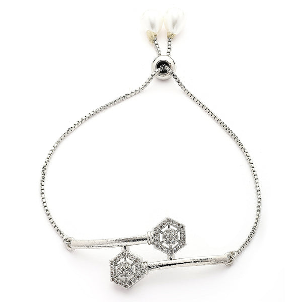 Rhodium Plated Silver Toned Cubic Zirconia Studded Adjustable Bracelet