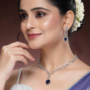 Rhodium Plated Silver Toned Royal Blue American Diamond Studded Jewellery Set
