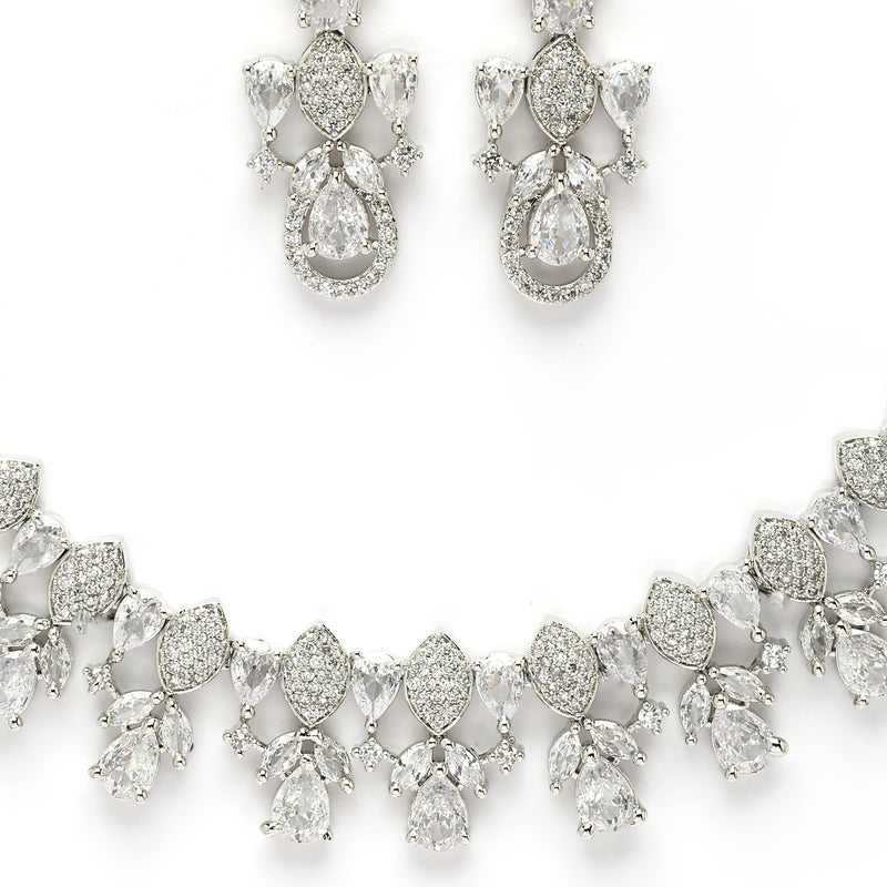 Rhodium Plated Silver Toned White American Diamond Stone Studded Jewellery Set