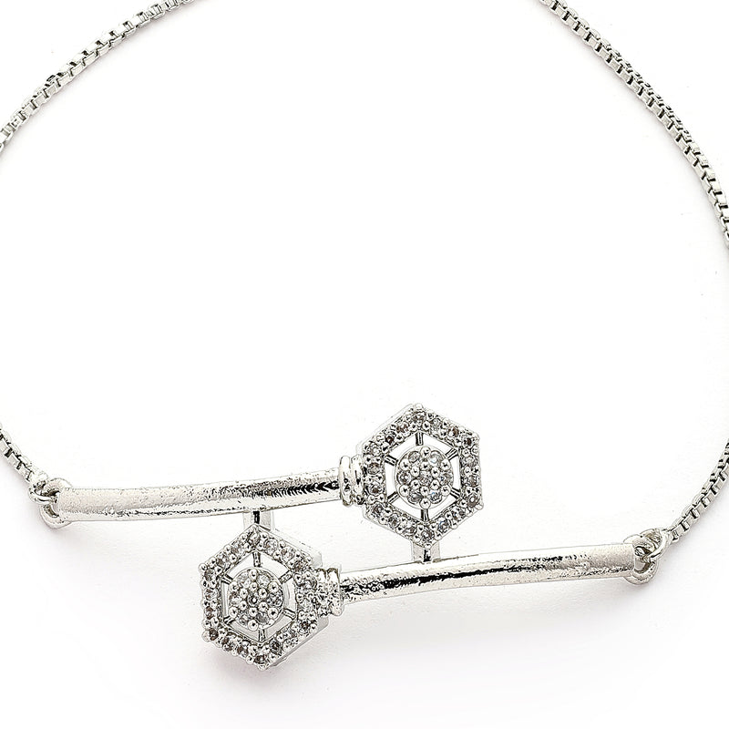 Rhodium Plated Silver Toned Cubic Zirconia Studded Adjustable Bracelet
