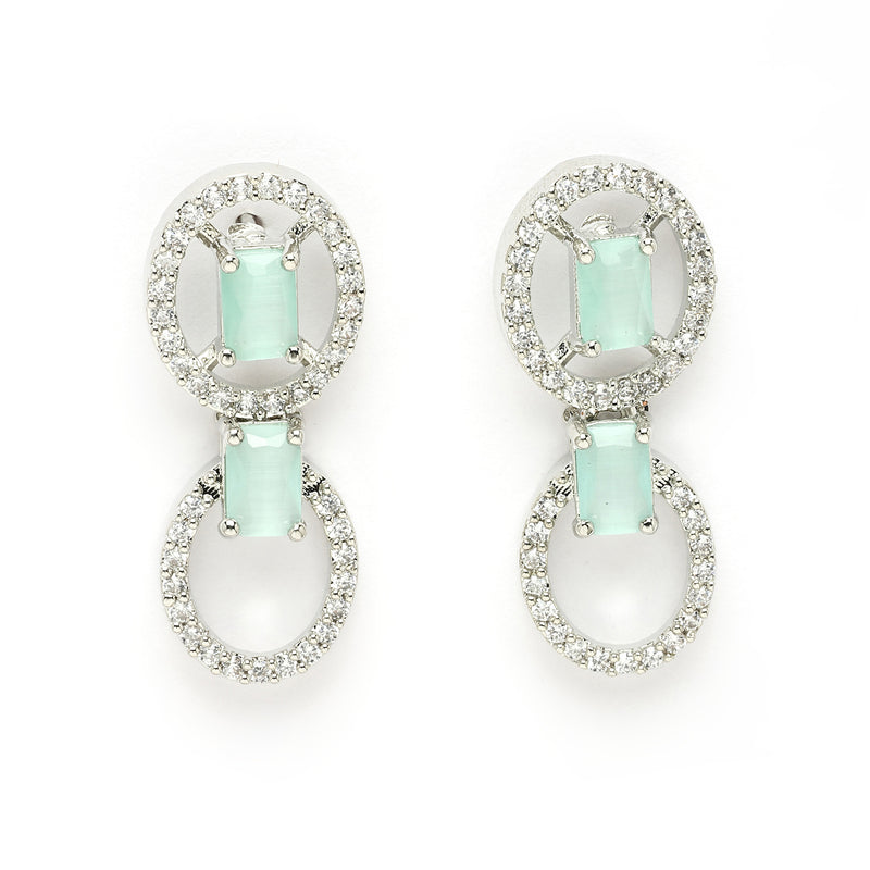 Rhodium Plated Silver Toned Sea Green American Diamond Studded Jewellery Set