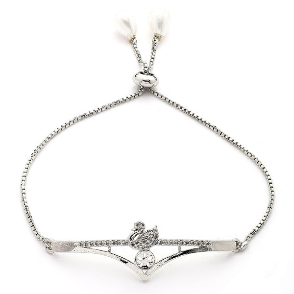 Rhodium Plated Silver Toned Swan Shaped White Cubic Zirconia Studded Adjustable Bracelet