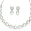 Rhodium Plated Silver Toned Sea Green American Diamond Studded Jewellery Set
