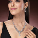 Rhodium Plated Silver Toned White American Diamond Stone Studded Jewellery Set