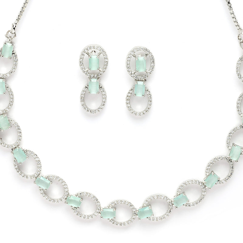 Rhodium Plated Silver Toned Sea Green American Diamond Studded Jewellery Set