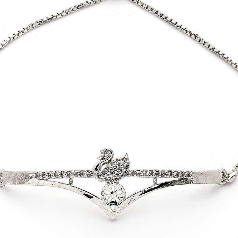 Rhodium Plated Silver Toned Swan Shaped White Cubic Zirconia Studded Adjustable Bracelet