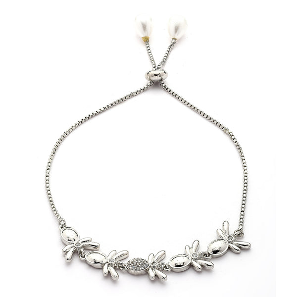 Rhodium Plated Silver Toned Cubic Zirconia Studded Adjustable Bracelet