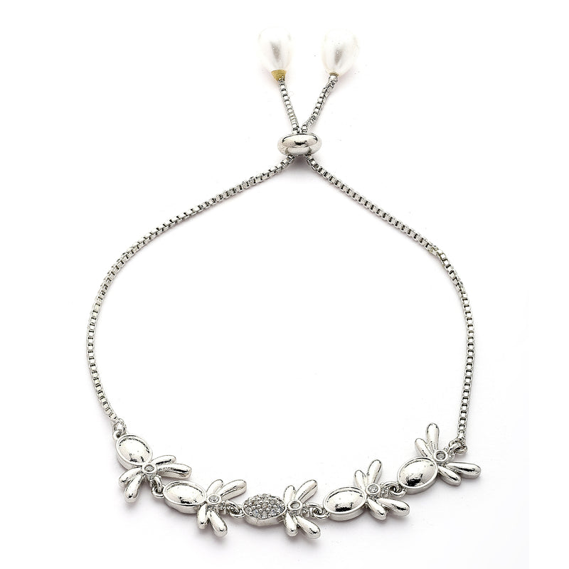 Rhodium Plated Silver Toned Cubic Zirconia Studded Adjustable Bracelet