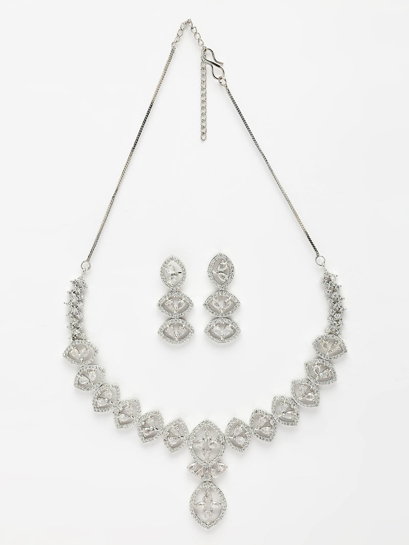 Rhodium Plated with Petal Shaped AD Stone Studded Necklace and Earrings Set