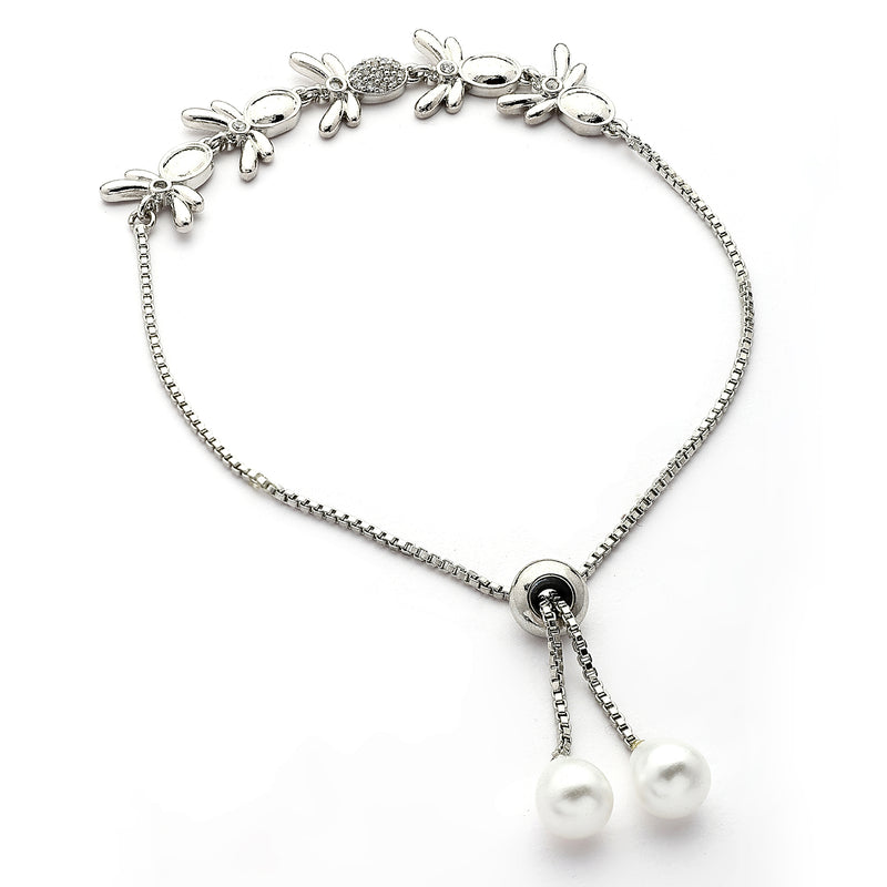 Rhodium Plated Silver Toned Cubic Zirconia Studded Adjustable Bracelet