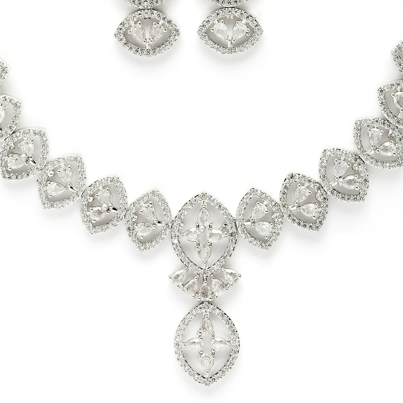 Rhodium Plated Silver Toned White American Diamond Stone Studded Jewellery Set