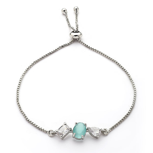 Rhodium Plated Silver Toned Sea Green And White American Diamond Studded Adjustable Bracelet