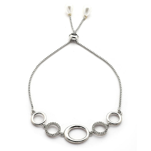 Rhodium Plated Silver Toned Circular Shaped Cubic Zirconia Studded Adjustable Bracelet
